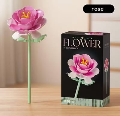 Bouwbloem – Creatieve Bloemdecoratie van Bouwsteentjes – Roze roos- Uniek Cadeau voor Kinderen & Volwassenen