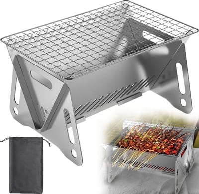 Draagbare Barbecue - Houtskool Barbecue - Met Opbergzak - Opvouwbare Barbecue - RVS - 28,5 x 18,5 x 13 cm - Draagbare Houtskool Grill met rooster - Barbecue Smoker - Houtskool BBQ - Voor Picknick, Kamperen en Buitenactiviteiten - Festival BBQ