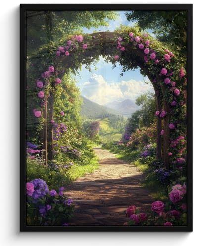 Poster in lijst - Fotolijst 50x70 cm - Posters - Doorkijk - Rozenboog - Uitzicht - Landschap - Bloemen - Posterlijst zwart - Decoratie - Wanddecoratie woonkamer - Muurdecoratie slaapkamer