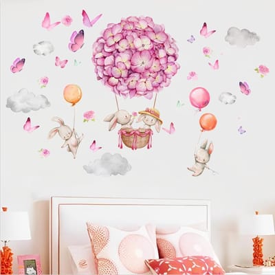 Kleurige Muurstickers met Ballon, Bloemen, Vlinders en Wolken - DIY Decor voor Kinderkamer en Babykamer