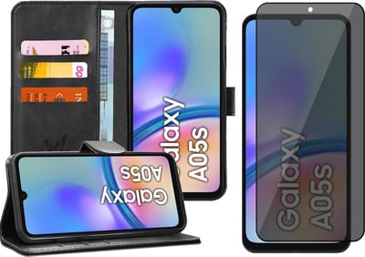 Hoesje geschikt voor Samsung Galaxy A05s - Privacy Screenprotector Volledig Dekkend Glas - Portemonnee Book Case Zwart