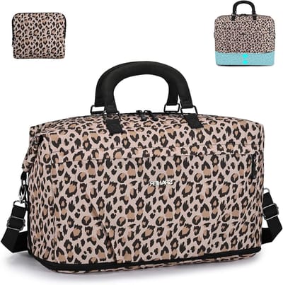 Uitbreidbare en Opvouwbare Reistas met Natvak - Grote Weekender Bag voor Dames, Waterdichte Sporttas voor Fitness en Vliegtuigreizen, 40L, Leopardprint