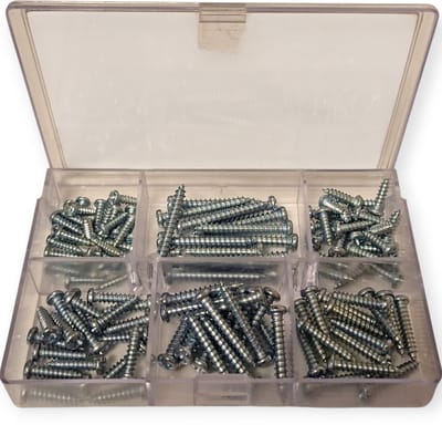 Deltafix. Assortiment plaat schroeven. Verzinkt. Cilinderkop6 maten. 120 stuks.