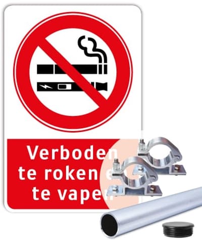 Bord Verboden te roken en te vapen - Weerbestendig Aluminium - 30x45 cm - Bevestiging: Met paal 150 cm + paalbeugels + paaldop