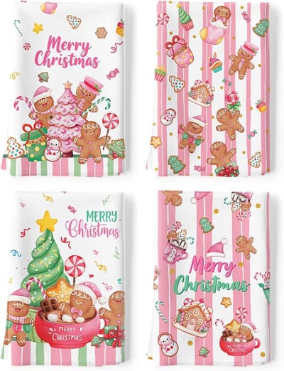 SnelShoppen - Roze peperkoekmannetjes theedoeken, 4 stuks, decoratieve kerst-keukendoeken, 100% katoen, absorberend, 48 cm x 70 cm, cadeau voor vakant