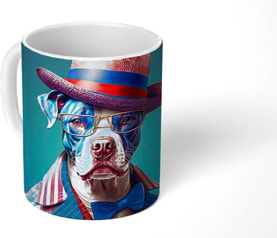 Mok - Koffiemok - Hond - Hoed - Colbert - Bloemen - Blauw - Mokken - 350 ML - Beker - Koffiemokken - Theemok
