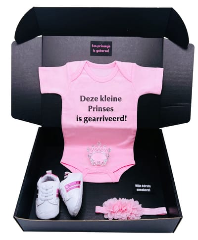 Kraamcadeau - kraamcadeau voor een meisje met - romper - babyschoentjes -roze en baby hoofdband - prinsesje gearriveerd - geboortegeschenk - cadeau babyshower