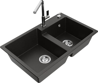 Mexen Tomas granieten spoelbak 2-vaks met keukenkraan Flora, zwart/goud metallic - 6516-75-670401-00
