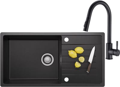 CECIPA MAX Spoelbak Keuken - Graniet Spoelbak 86x45CM Zwart - Spoelbakken Keuken Met Keukenkraan Met Uittrekbare Uitloop - Spoelbakken Met Afdruip - Opbouw Spoelbak