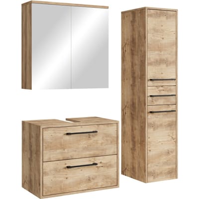 Badplaats Wastafelkast Set Florence 60 x 35 cm – Kastanje Eiken – Badmeubel met Spiegelkast en Kolomkast
