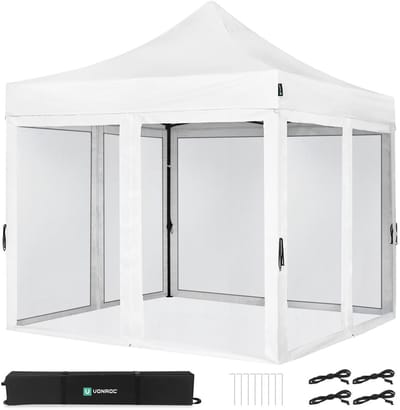 VONROC Easy-Up Partytent - 3x3 m - Premium easy-up Partytent - Set incl. Muggennet zijwanden - Modulair Ontwerp – Opvouwbaar – Waterdicht – Stalen Frame - 50+ UV Bescherming - Incl. Opbergtas - Wit