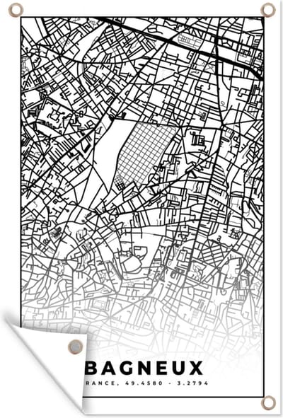 Muurdecoratie Stadskaart - Plattegrond - Kaart - Frankrijk - Bagneux - Zwart wit - 120x180 cm - Tuinposter - Tuindoek