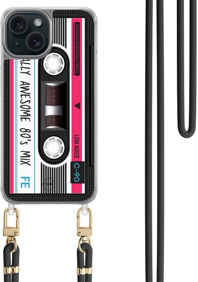 Casevibes - Telefoonhoesje met koord - Geschikt voor Apple iPhone 15 - Cassette - Zwart - Print
