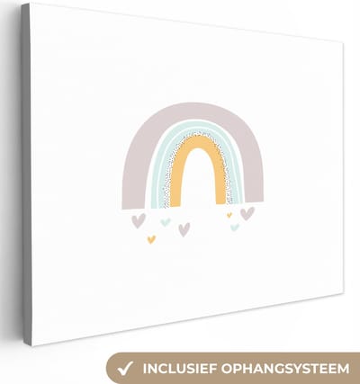 Canvas schilderij regenboog - Regenboog - Hartjes - Sterren - Kleuren - Kinderkamer - Wanddecoratie meisjes - Wanddecoratie jongens - Canvasdoek kinderen - 40x30 cm