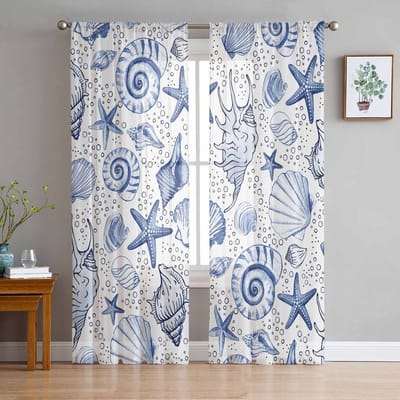 Oceaan Zeester Schelp Transparante Gordijnen voor Woonkamer Decoratie Raamgordijnen voor Keuken Tule Voile Organza Gordijnen W135 x H115cm x1 white