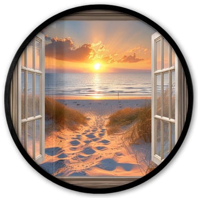 Poster in lijst Rond - Fotolijst 40x40 cm - Posters - Doorkijk - Strand - Duinen - Zonsondergang - Ronde posterlijst zwart - Decoratie - Wanddecoratie woonkamer - Muurdecoratie slaapkamer