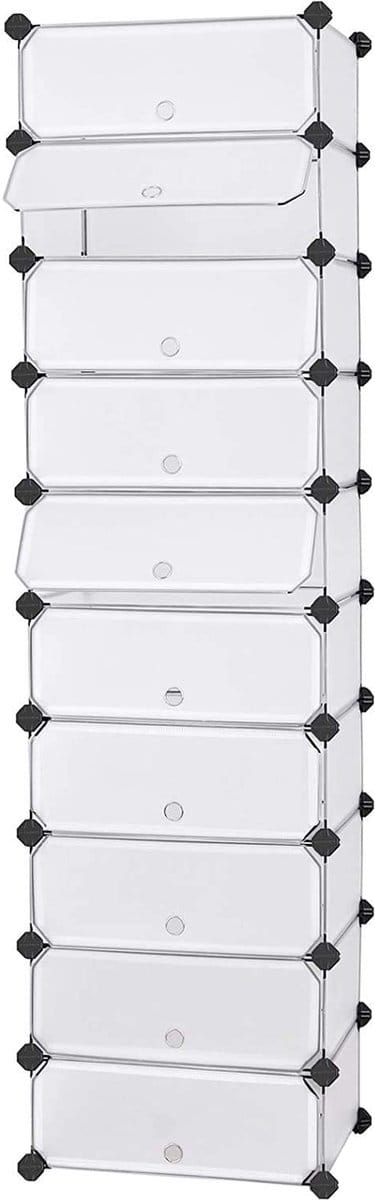 SONGMICS schoenenrek kunststof, rechthoekig rekkensysteem met 10 vakken, doe-het-zelf insteekplank, opbergrek, garderobe, schoenen organizer, 40 x 30 x 17 cm per vak, metaaldraad, wit LPC10W