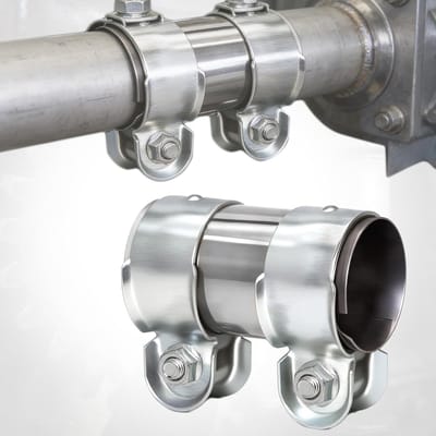 Roestvrijstalen uitlaatklem met dubbele klem en aansluiting, diameter 50 mm x 125 mm, geschikt voor auto, motor en uitlaatsystemen