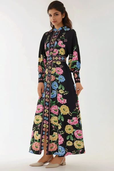 Geprinte Lange Mouwen Maxi Dress met Riem