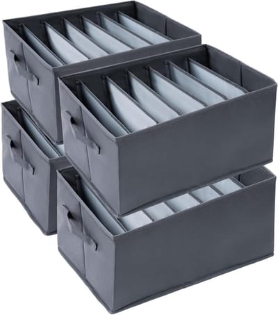 Pack van 4 kledingorganizers met 7 compartimenten voor jeans, T-shirts en sjaals, 43 x 30 x 25 cm, ideaal voor opberging en ruimtebesparing