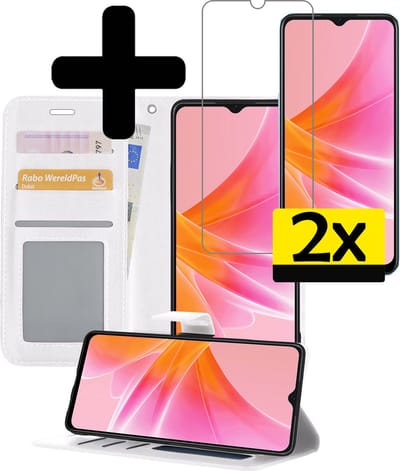 Hoesje - Met 2x Screenprotector - Geschikt voor OPPO A17 - Luxe Pasjeshouder - Bookcase Portemonee - Flip Case - Kunstleer Book Case - Flipcase Hoes - Book Cover - Walletcase - Portemonneehoes - Telefoonhoesjes - Wit