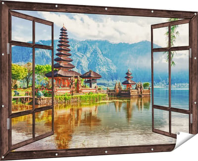 Gards Tuinposter Doorkijk Pura Tempel in Bali op het meer Beratan - 180x120 cm - Tuindoek - Tuindecoratie - Wanddecoratie buiten - Tuinschilderij