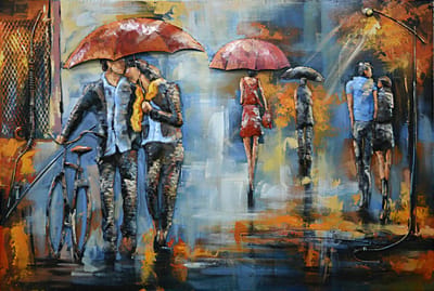 Schilderij - Metaalschilderij - Verliefd in de regen, 3D uitvoering, 120x80cm. handgeschilderd, ophanghaakjes meegeleverd