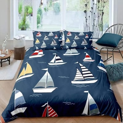 Nautisch Zeilboot King Queen Dekbedovertrek Kust Zeilboot Beddengoed Set Zeeavontuur Dekbedovertrek Polyester Dekbedovertrek 135x200cm 2pcs