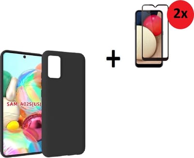 Hoesje Geschikt voor Samsung Galaxy A02s - Siliconen - Full Screenprotector A02s - Hoesje Zwart Case + 2x Full Tempered Glass