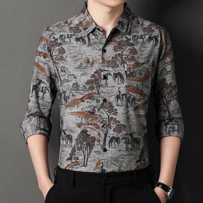 Lente en Herfst Trendy Gepersonaliseerde Bedrukte Dunne Shirts met Lange Mouwen voor Jonge en Middelbare Leeftijd Casual Fit Herenshirts XXXXL gray