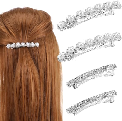 4 stuks sprankelende strass haarclips - zilveren kristallen paardenstaart houder zijclips bling parel - metalen lente kleine haarspeldjes voor vrouwen meisjes bruids bruiloft verloving prom