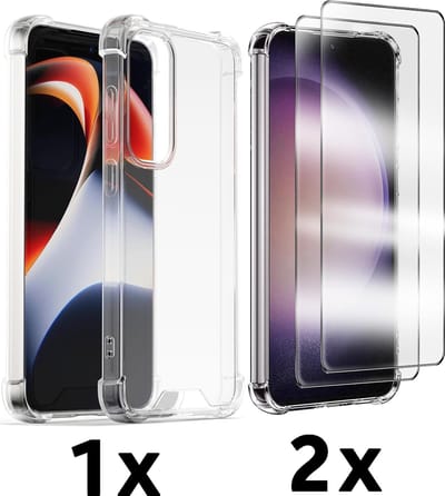 Casemania Hoesje + Glas Geschikt voor Samsung Galaxy S25 - Transparant - Anti Shock Back Cover + 2X Glazen Screenprotector