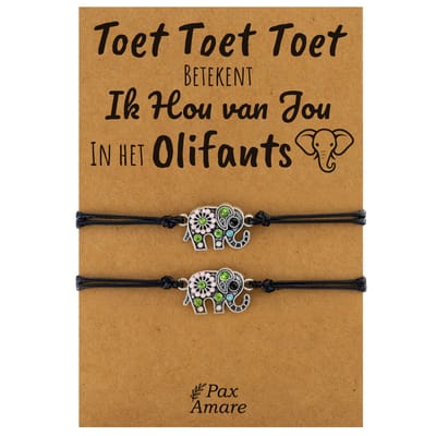 Vriendschapsarmbandjes voor 2 "Ik hou van jou" - Olifant - BFF Armbandjes met Cadeau Kaartje - Zwart & Zilverkleurig - Elastisch Verstelbaar - Pax Amare