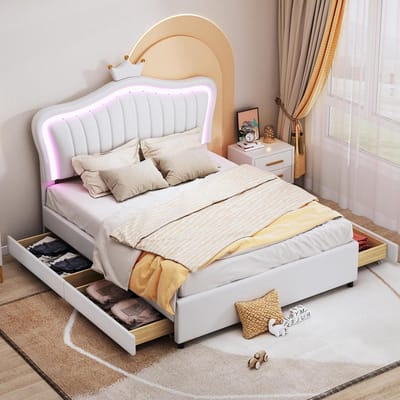 Kinderbed Gestoffeerd - Meisjesbed Kroon - Slaapkamer Inrichten - Uniek Schelp Design - 140 x 200 cm - Wit