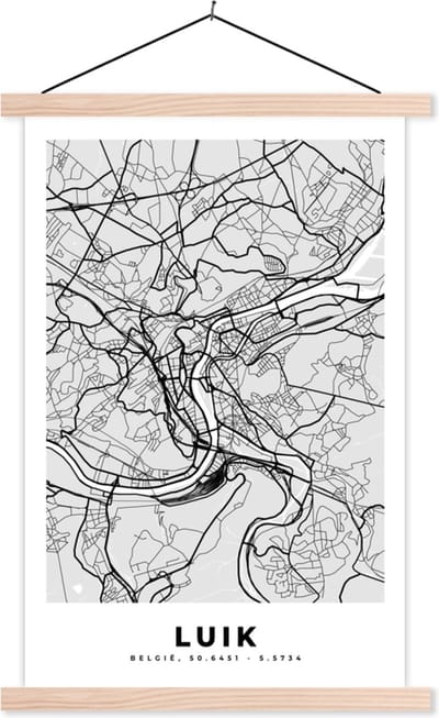 Posterhanger incl. Poster 40x60 cm - Schoolplaat - Stadskaart – Plattegrond – België – Zwart Wit – Luik – Kaart - Textielposter - Blanke latten - Stadskaart