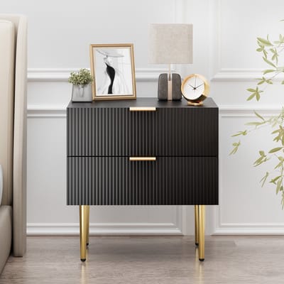 Zwart Nachtkastje - Met 2 Lades - Golvend Patroon - MDF en Metaal - Slaapkamer - 53x41,3x53 cm