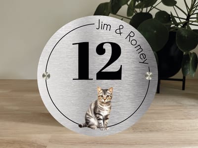 Naambordje / huisnummer voordeur Europese korthaar kat rond naambord 20 cm in rvs look kleur