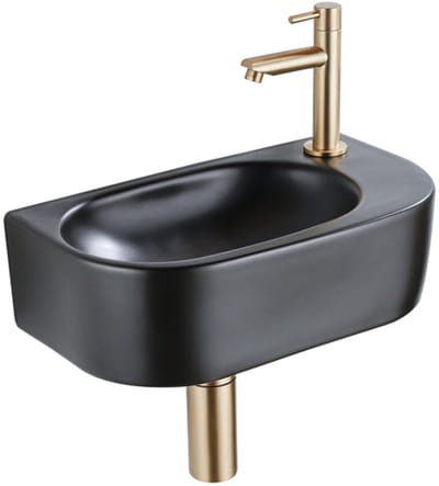 QeramiQ Fuente Fonteinset - 40x21.5x12cm - rechts - glad - halfrond - 1 kraangat - keramiek - fonteinkraan geborsteld messing - afvoerplug - verlaagd sifon - zwart mat