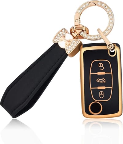 Sleutelhoesje voor autosleutel Citroen 3 met vlinderdesign en lederen band in zwart en goud