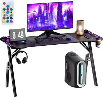 NAIZY Gamingtafel 140cm Gamingtafel incl. Koptelefoonstandaard Waterbekerhouder Bureau Koolstofvezel Bordspel Computertafel Ergonomische PC-tafel met kabelgat en LED