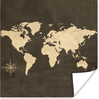 Poster 30x30 cm - Wereldkaart - Windroos - Wit - Posters - Kamer decoratie - Wanddecoratie woonkamer - Muurdecoratie slaapkamer
