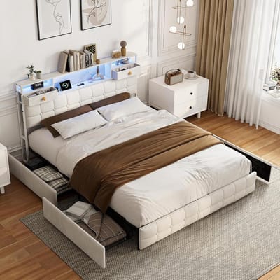 Gestoffeerd Bed - Ladenbed Velvet - Ruimte Besparen - Geïntegreerd Laadstation - 140 x 200 cm - Beige
