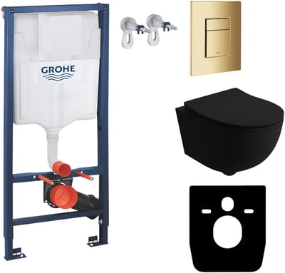 Inbouwreservoir Complete Toiletset Grohe Solido 39069000 - Inbouw WC Hangtoilet Wandcloset Brava Black Zwart Mat - Bedieningsplaat Skate Cosmopolitan 38732GL0 Gouden - Voorwandelement