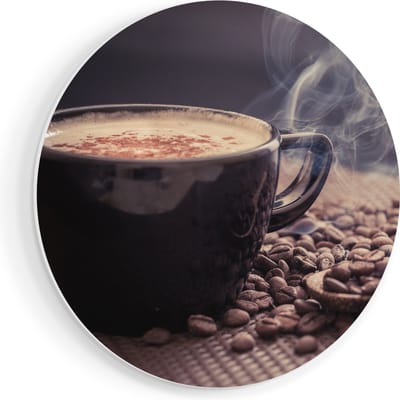 Artaza Forex Muurcirkel Hete Koffie Kop Met Koffiebonen - 60x60 cm - Wandbord - Wandcirkel - Rond Schilderij - Wanddecoratie Cirkel