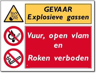 Explosieve gassen bord - Vuur/open vlam/roken verboden (combi) - Aluminium - 30 x 40 cm