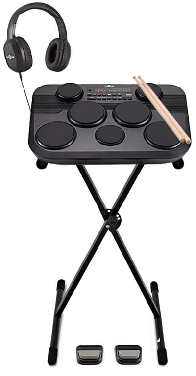 DD80 Draagbare elektronische drumpad van Gear4music, pakket met standaard en hoofdtelefoon