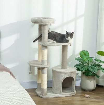 MEUNIQ krabpaal 114 cm met huisje, meerdere niveaus, sisalpalen, pluche platforms en speelbal, kattenboom voor 1-2 katten tot 6 kg, lichtgrijs