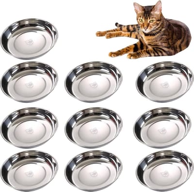 10 stuks roestvrijstalen kattenkommen, 14 cm dia ondiepe katten water voedsel schotel vervanging snorhaar vermoeidheid ontlastingsplaat stapelbare metalen voerbak voor huisdieren basis bulk