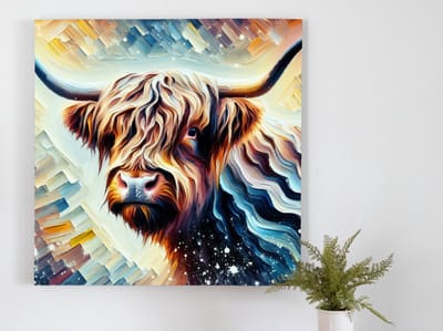 Olieverf schotse hooglander schilderij | Majestueuze Schotse hooglander vereeuwigd in prachtig olieverf kunstwerk | Kunst - 30x30 centimeter op Canvas | Foto op Canvas