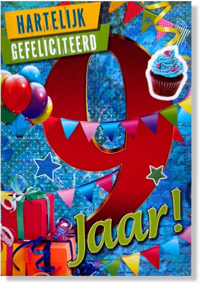 Hoera 9 jaar! Luxe verjaardagskaart - 12x17cm - Gevouwen Wenskaart inclusief envelop - Leeftijdkaart